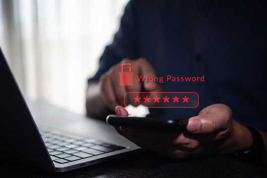 Cybersecurity warning with wrong password error message on smartphone screen, user login attempt failed, online account access denied, and data protection security concept.