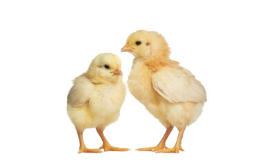 Obraz premium Two adorable yellow chicks standing side by side on a black background looking at the camera