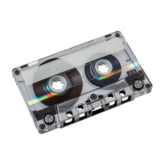 Obraz premium A clear audio cassette tape with visible spools and screws on a black background isolated object