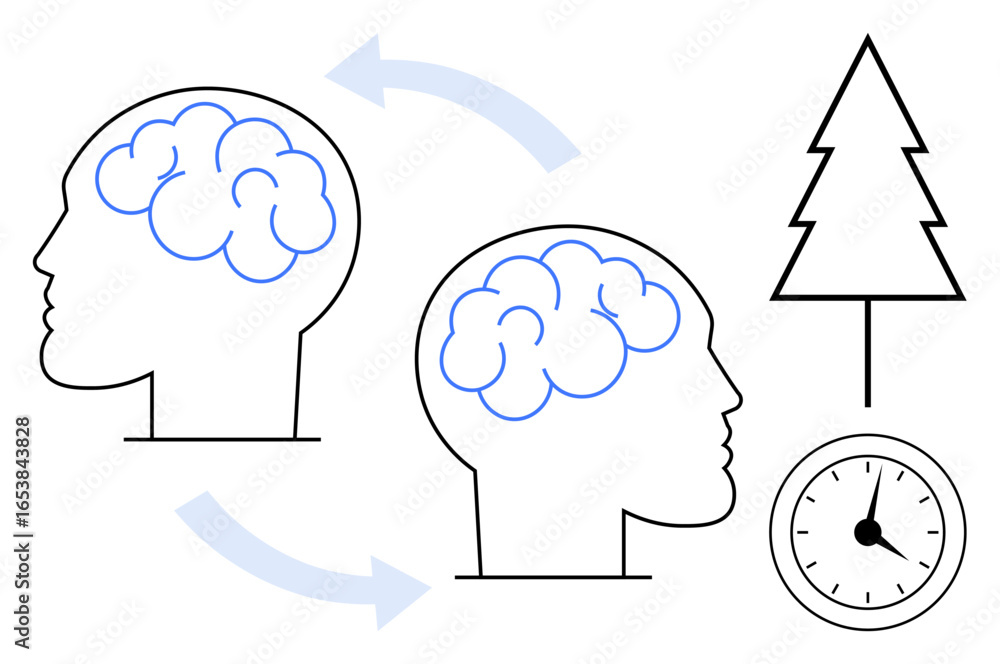 Poster two brain profiles linked by arrows, symbolizing idea exchange or thought flow. adjacent tree and cl