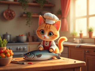 A cute cat dressed as a chef, standing on a wooden stool in a cozy kitchen, carefully cleaning a giant fish on the counter. The cat wears a small apron and chef hat, concentrating with d