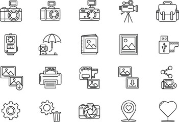Photography and video editing icon set including camera, camcorder, memory storage, photo album, printer, settings, location pin, heart symbol, sharing options