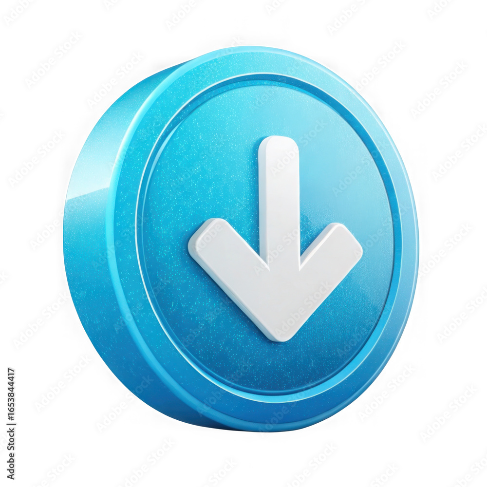 Poster a 3d bright white downward pointing arrow symbol inside a glossy blue circular button isolated on tr