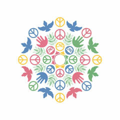 Symmetrical mandala design with colorful peace signs, doves, hands, and olive branches.
