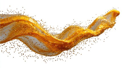 Golden liquid swirls and droplets against white