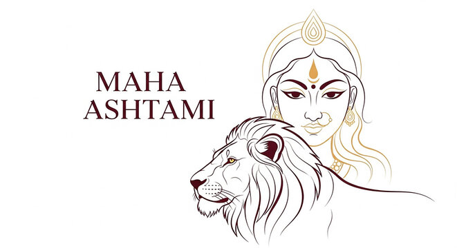 A Minimalist Maha Ashtami Greeting with a Goddess and Lion Line Art
