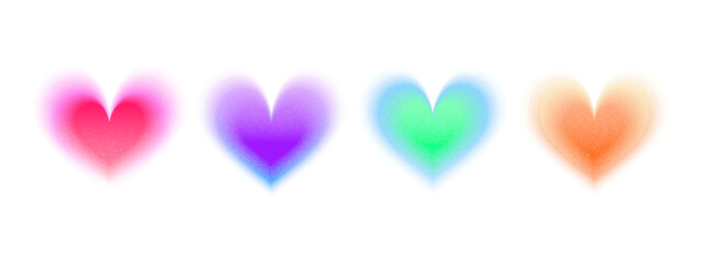 Set of vector abstract heart shapes with gradient and blur effects in blue, purple, pink, green, and orange tones for modern graphic or retro design in the Y2K style. © YEVHENIIA
