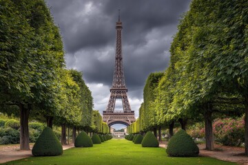 Parisian landmark, Eiffel Tower, framed by trees