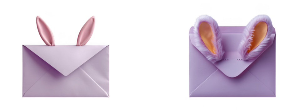 Cute purple envelope with glittery bunny ears peeking out, isolated on transparent background