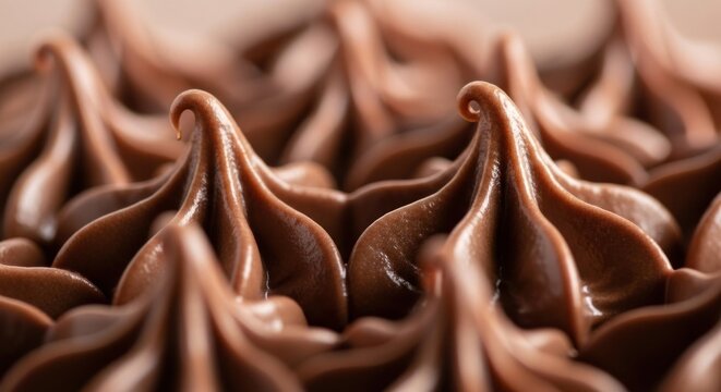 Intricate chocolate frosting swirls create a smooth textured surface, displaying rich dessert