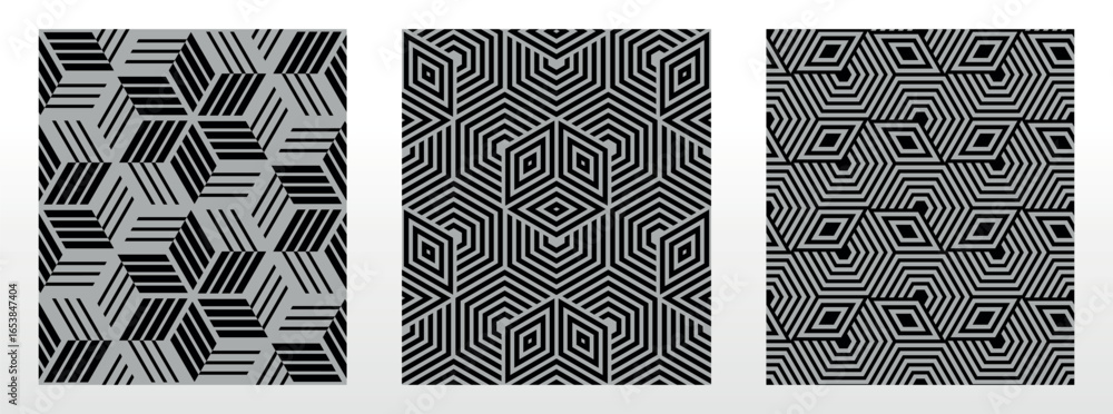 Poster geometric set of seamless black and gray patterns. simple vector graphics.
