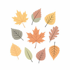 A collection of stylized autumn leaves in muted earth tones, featuring various shapes like maple and oak in a flat vector illustration style.