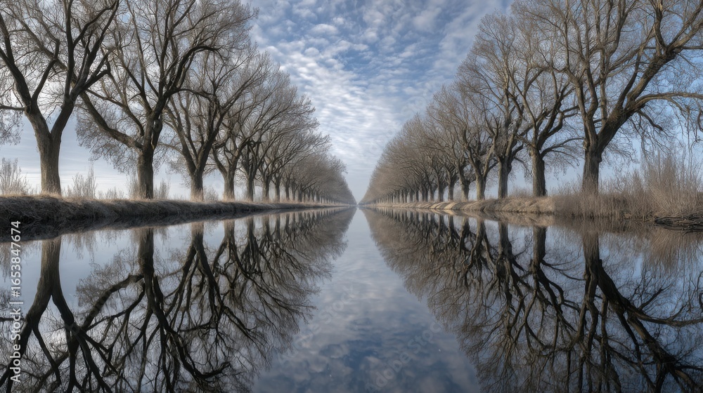 Poster a long row of trees with a body of water in between them. the water is calm and reflects the trees, 
