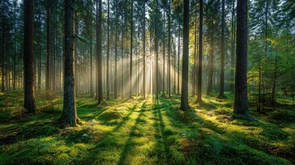 Fototapeta premium A forest with sunlight shining through the trees. The sunlight creates a warm and peaceful atmosphere. The trees are tall and green, and the grass is lush and vibrant. The scene is serene and calming