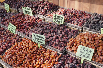 Colorful dates at a market stall