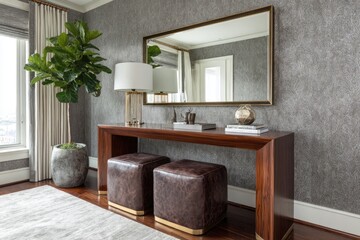 Modern entryway with a long wooden console table, two brown leather ottomans, and a large mirror