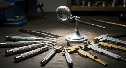 Precision instruments and magnifying glass for intricate assembly work showcasing artisanal
