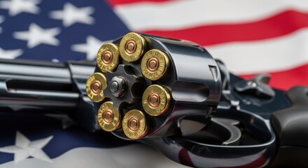 Revolver with loaded cylinder resting on the American flag symbolising firearm control debate