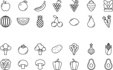 Fruit and vegetable icon collection including apple, orange, banana, grapes, strawberry, watermelon, pineapple, cherry, lemon, pear, carrot, broccoli, tomato, avocado