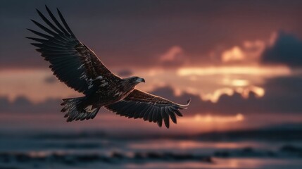 Fototapeta premium An eagle gliding smoothly through the open sky at dawn