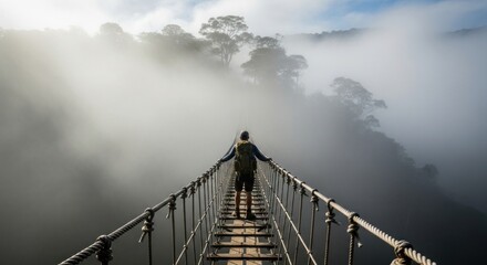 Fototapeta premium Suspended above the clouds: A solitary journey across a high-altitude bridge offering breathtaking