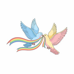 Fototapeta premium Two Colorful Birds in Flight Holding a Rainbow Ribbon
