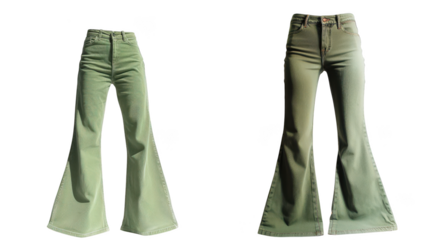 Two pairs of green corduroy flare jeans isolated on transparent background