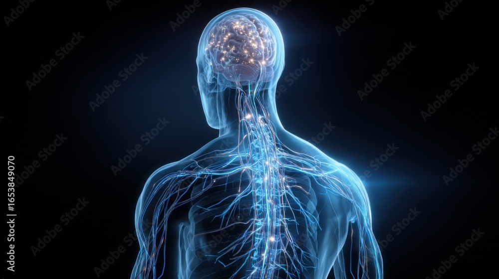 Poster a man's brain is shown in blue with a lot of white dots. concept of complexity and interconnectednes