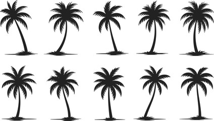  Tropical Palm Tree Silhouettes Collection: Island Vacation, Summer Holiday, Beach Resort, and Exotic Landscape Design Elements, Vector Graphic for Travel and Tourism