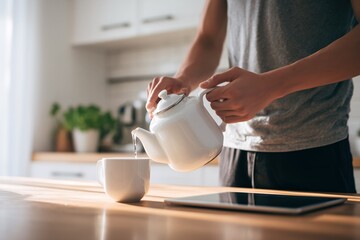 morning routine in minimalist kitchen with man pouring tea and tablet on wooden counter