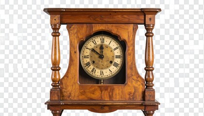 Antique wooden mantel clock with Roman numerals, showing time
