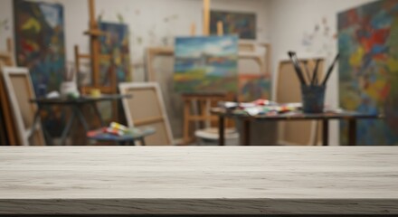 Mockup artist studio with paintings and easels, wooden table in foreground commercial usage