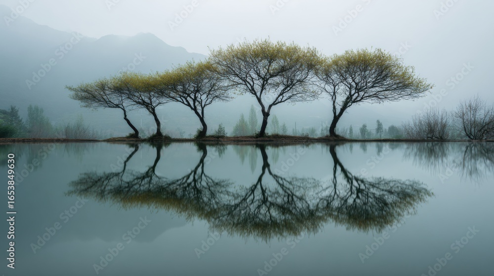 Poster a group of trees are reflected in the water. the trees are tall and are in a row. the water is calm 