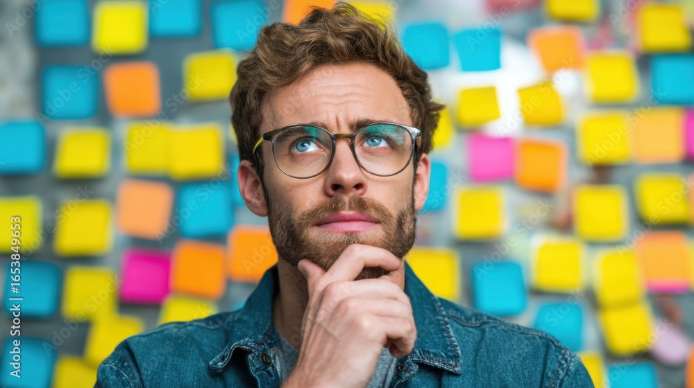 Poster a man with glasses is looking at a wall covered in colorful sticky notes. he is deep in thought, pos