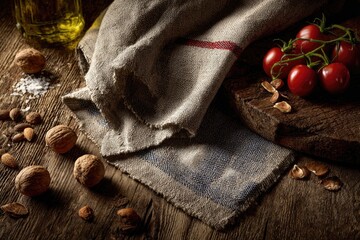 Rustic food still life on a wooden table