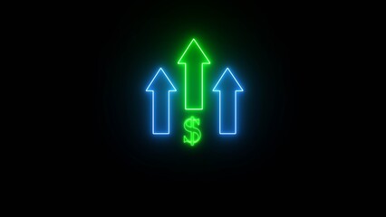 Neon arrow illustration coloring chroma up. Glowing neon line of dollar sign icon and up arrow isolated.