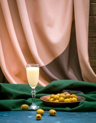 Creamy drink and olives on a dark background