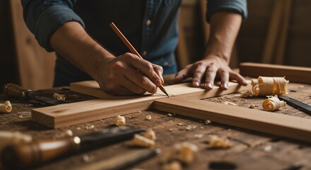Woodworking craftsperson marking wood with pencil
