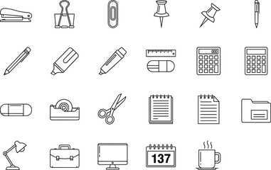 Office supplies icons set with stapler, binder clip, paperclip, push pin, pen, pencil, highlighter, ruler, calculator, notebook, folder, scissors, lamp, computer