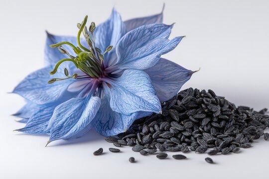 Close Up Of Beautiful Blue Flower And Black Seeds On White Background