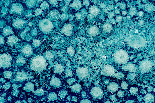 Close up of real images of ice froszen pattern on dark blue background. it's  melting