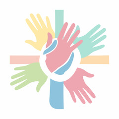 A circular arrangement of diverse, stylized hands in soft pastel colors, symbolizing unity, community, and collaboration.