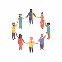 Naklejka premium Diverse People Holding Hands in a Circle, Cultural Attire, Unity