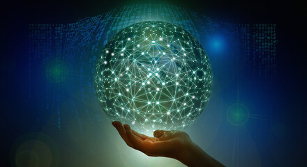 A person holding Technological sphere with network connections