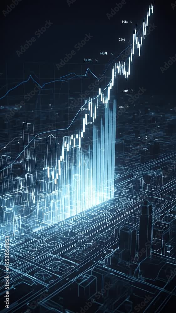 Poster 3d abstract digital cityscape with growing financial graph data visualization