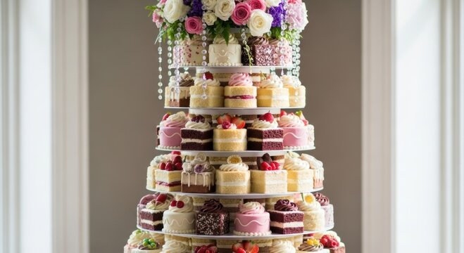 Luxurious Multi-Tier Dessert Stand with Assorted Mini Cakes and Fresh Flowers - Powered by Adobe