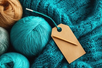 Colorful yarn balls and tag on teal knit fabric