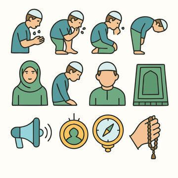 Ilustrasi vektor flat art gerakan sholat mulai dari berdiri, rukuk, sujud hingga duduk.