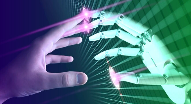 human and robot hands gesture - connecting through an interface