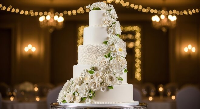 Elegant White Tiered Wedding Cake with Floral Decor in a Luxurious Event Setting - Powered by Adobe